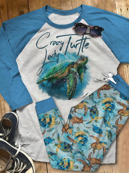 Sea Turtle Crazy Turtle Lady Green Good Quality Mmh Pajama Set |Sleepwear Pjs Sets | Raglan Shirt Pants Set