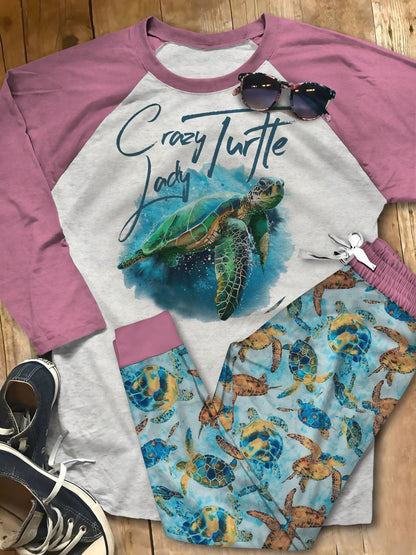 Sea Turtle Crazy Turtle Lady Green Good Quality Mmh Pajama Set |Sleepwear Pjs Sets | Raglan Shirt Pants Set