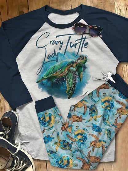 Sea Turtle Crazy Turtle Lady Green Good Quality Mmh Pajama Set |Sleepwear Pjs Sets | Raglan Shirt Pants Set