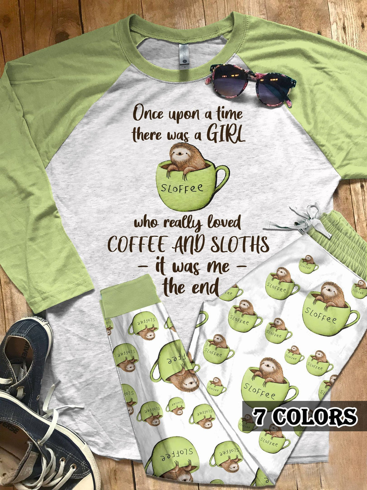 Sloth More Coffee Pajama Set |Sleepwear Pjs Sets | Raglan Shirt Pants Set