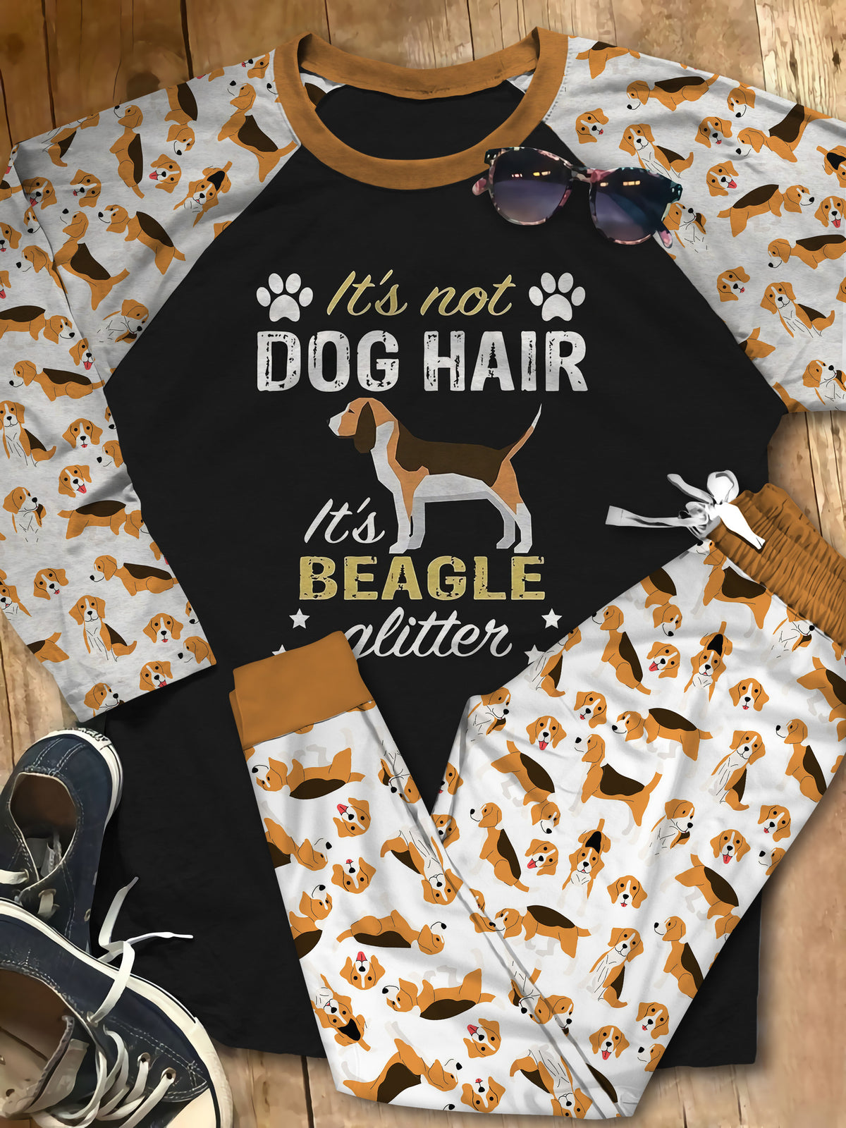 Beagle Beagle Glitter Aac Pajama Set |Sleepwear Pjs Sets | Raglan Shirt Pants Set