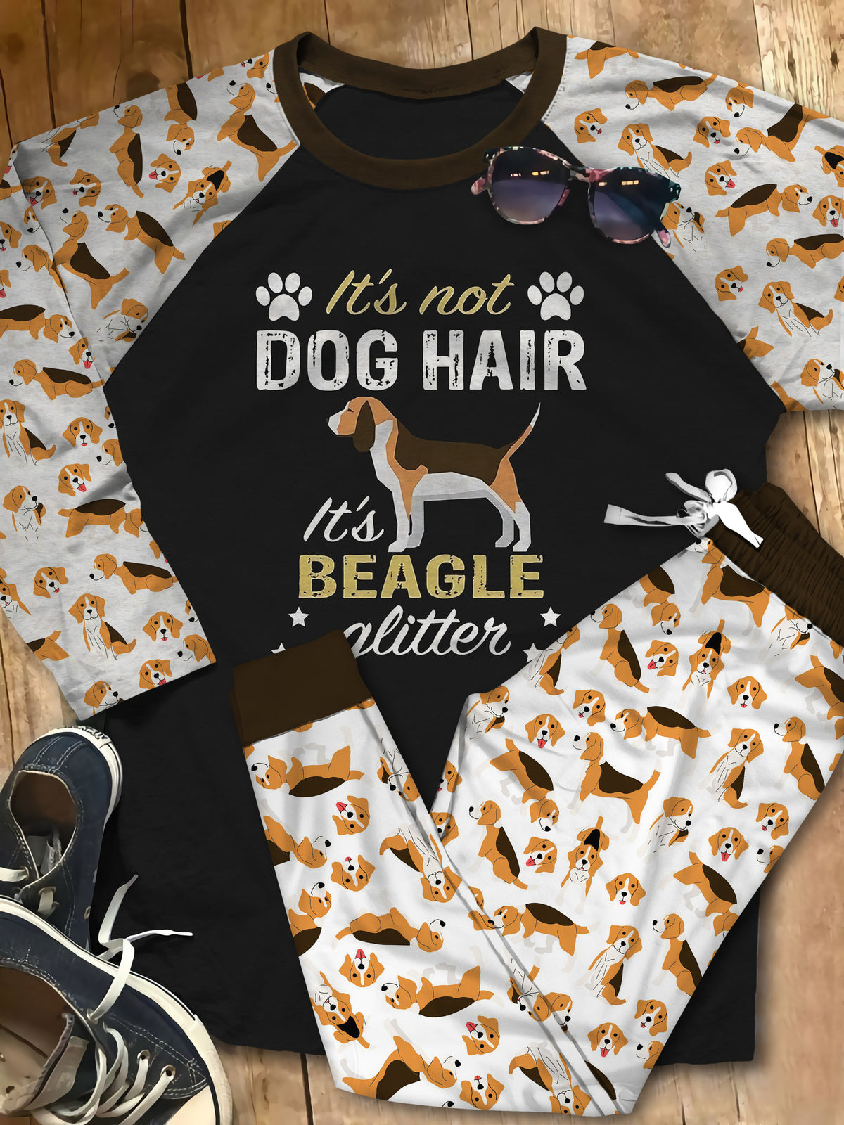 Beagle Beagle Glitter Aac Pajama Set |Sleepwear Pjs Sets | Raglan Shirt Pants Set