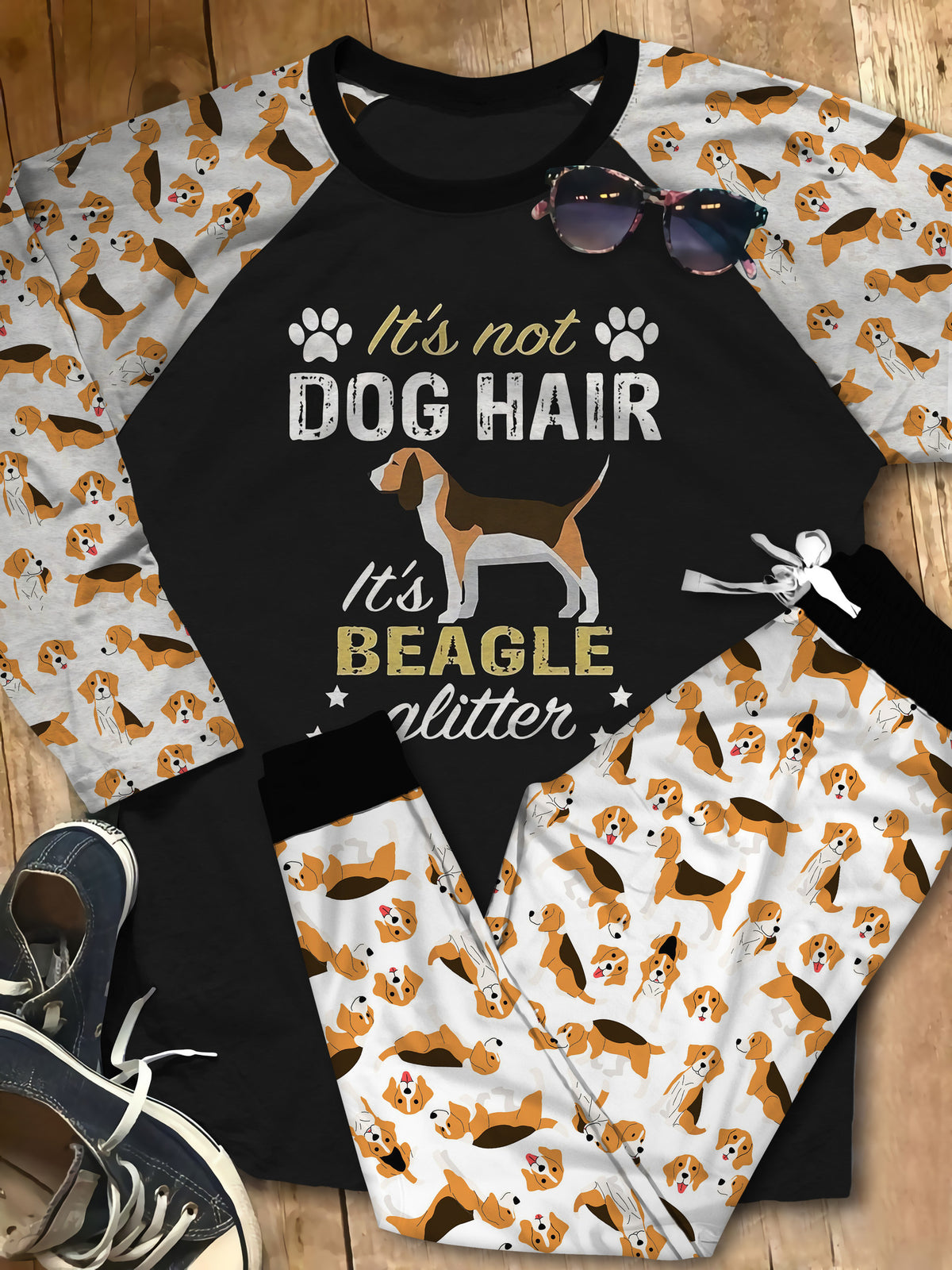 Beagle Beagle Glitter Aac Pajama Set |Sleepwear Pjs Sets | Raglan Shirt Pants Set