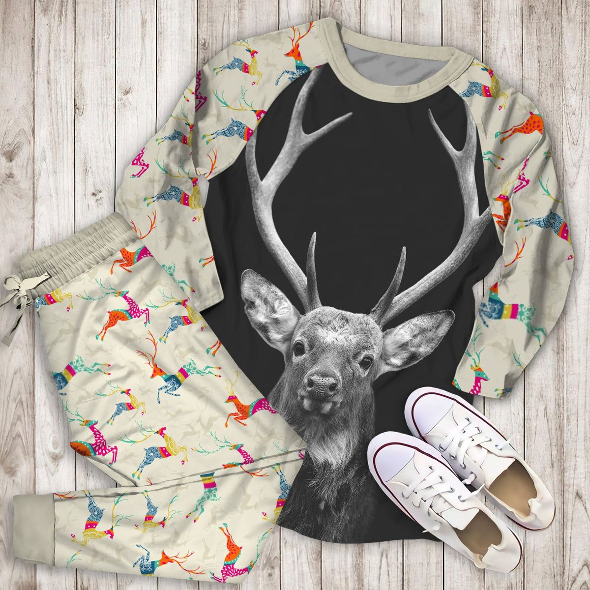Deer Pajama Set | Pajamas | Cotton Sleepwear Sets | Soft Long Sleeve Pjs | Raglan Shirt and Pants Set
