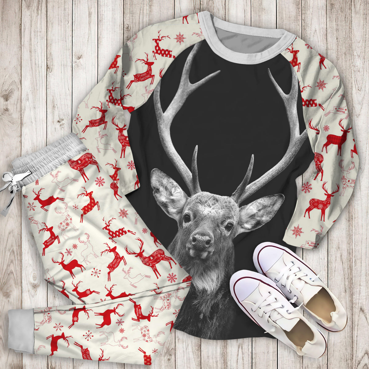 Deer Pajama Set | Pajamas | Cotton Sleepwear Sets | Soft Long Sleeve Pjs | Raglan Shirt and Pants Set