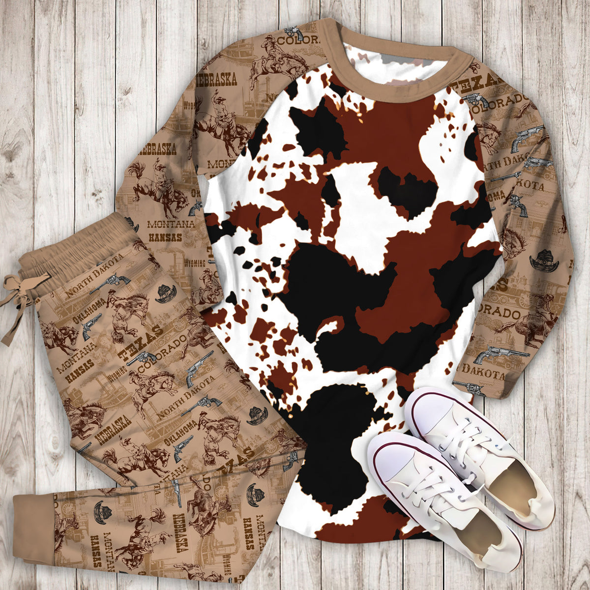 Cowhide Pajama Set | Pajamas | Cotton Sleepwear Sets | Soft Long Sleeve Pjs | Raglan Shirt and Pants Set