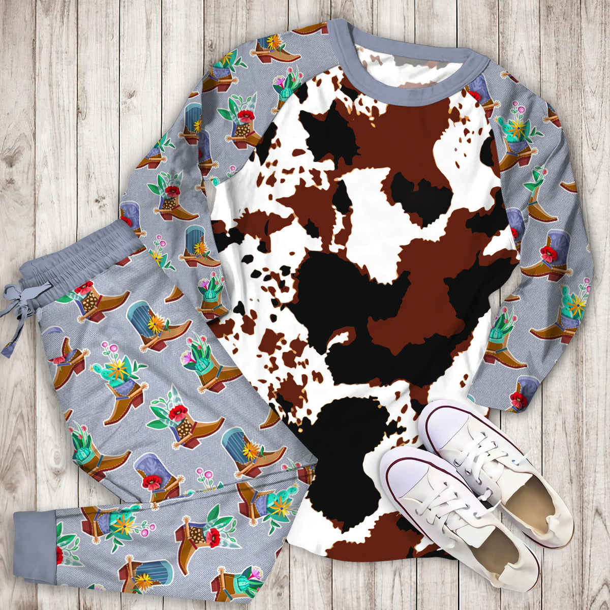 Cowhide Pajama Set | Pajamas | Cotton Sleepwear Sets | Soft Long Sleeve Pjs | Raglan Shirt and Pants Set