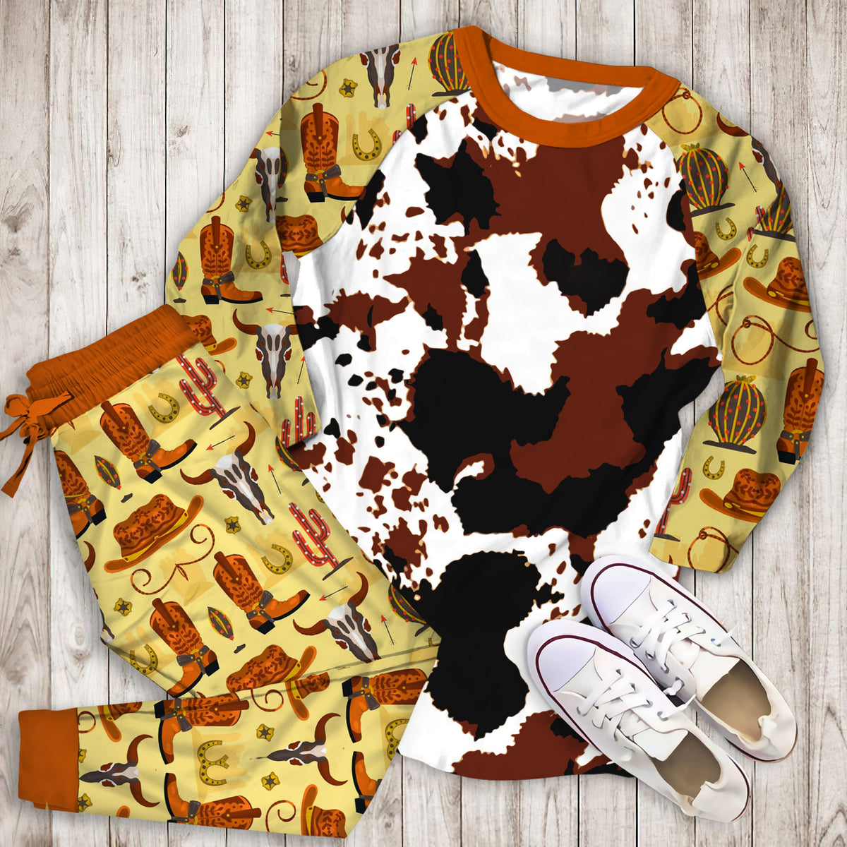 Cowhide Pajama Set | Pajamas | Cotton Sleepwear Sets | Soft Long Sleeve Pjs | Raglan Shirt and Pants Set