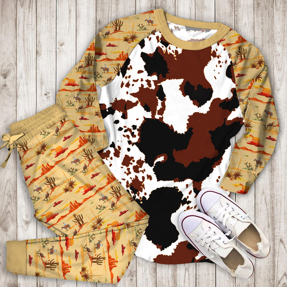 Cowhide Pajama Set | Pajamas | Cotton Sleepwear Sets | Soft Long Sleeve Pjs | Raglan Shirt and Pants Set