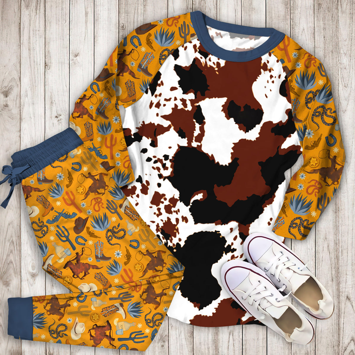 Cowhide Pajama Set | Pajamas | Cotton Sleepwear Sets | Soft Long Sleeve Pjs | Raglan Shirt and Pants Set