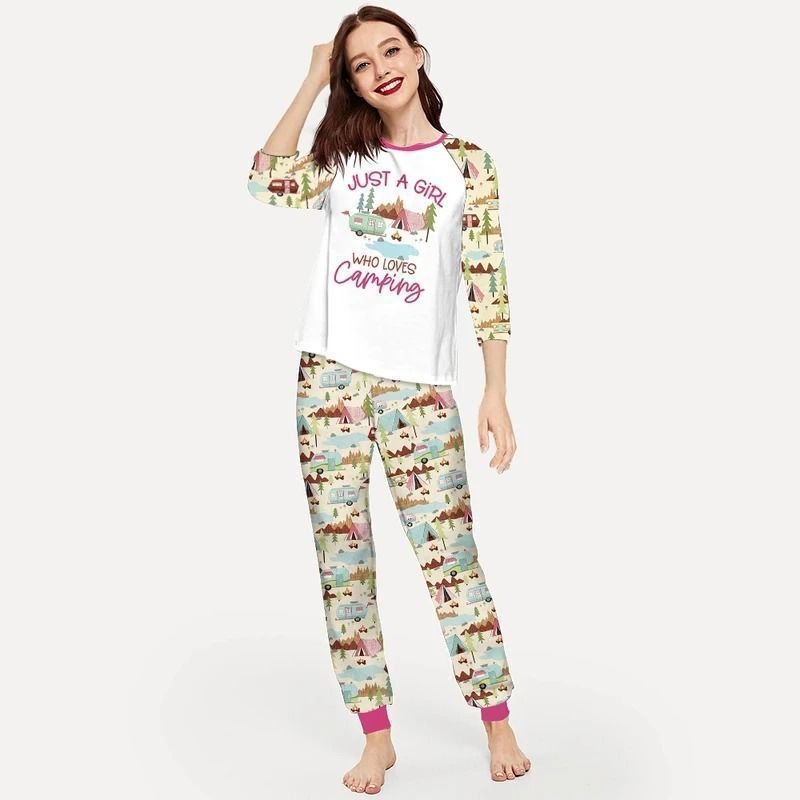 A Girl Who Love Camping Aaa Pajama Set |Sleepwear Pjs Sets | Raglan Shirt Pants Set