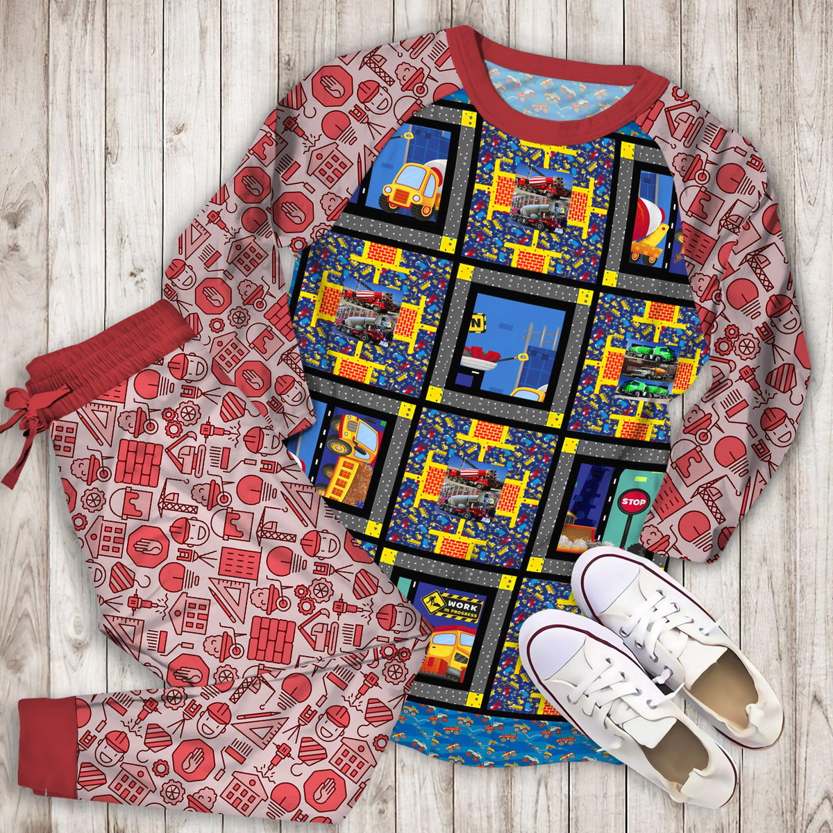 Construction Pajama Set | Pajamas | Cotton Sleepwear Sets | Soft Long Sleeve Pjs | Raglan Shirt and Pants Set