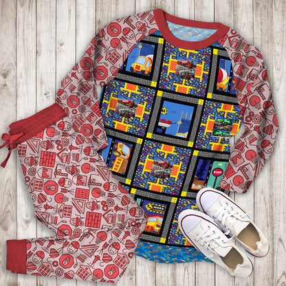 Construction Pajama Set | Pajamas | Cotton Sleepwear Sets | Soft Long Sleeve Pjs | Raglan Shirt and Pants Set