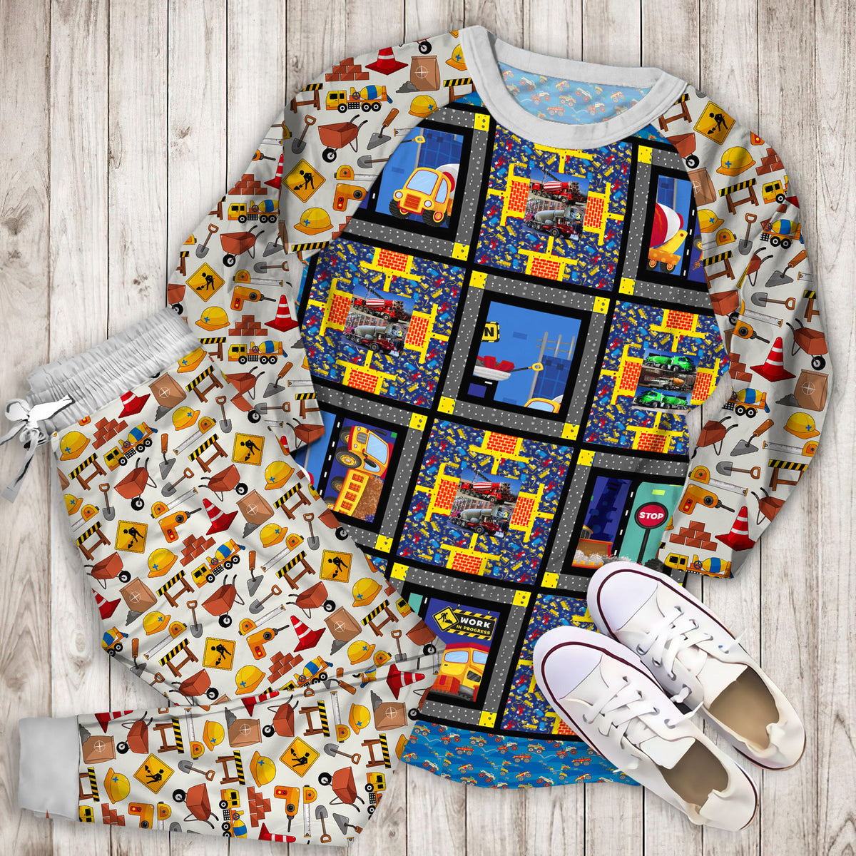 Construction Pajama Set | Pajamas | Cotton Sleepwear Sets | Soft Long Sleeve Pjs | Raglan Shirt and Pants Set