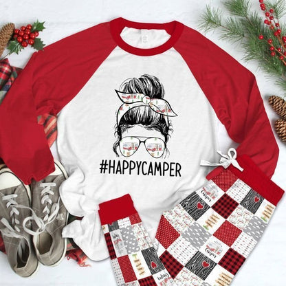 Camping Happy Camper Pajama Set |Sleepwear Pjs Sets | Raglan Shirt Pants Set