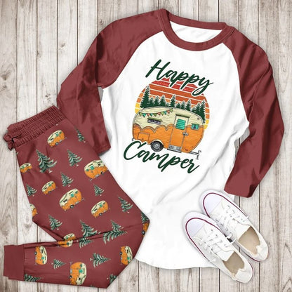 Happy Camper Bbg Pajama Set |Sleepwear Pjs Sets | Raglan Shirt Pants Set