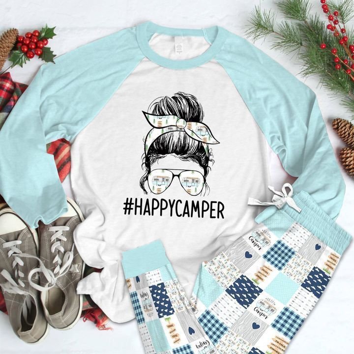 Camping Happy Camper Pajama Set |Sleepwear Pjs Sets | Raglan Shirt Pants Set