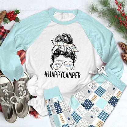 Camping Happy Camper Pajama Set |Sleepwear Pjs Sets | Raglan Shirt Pants Set