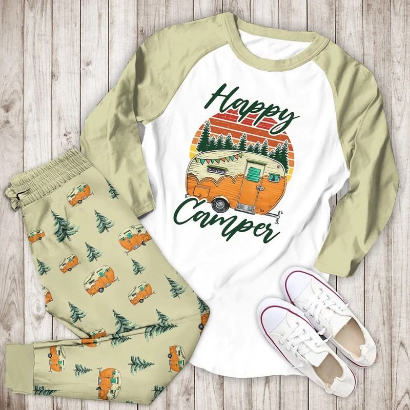 Happy Camper Bbg Pajama Set |Sleepwear Pjs Sets | Raglan Shirt Pants Set
