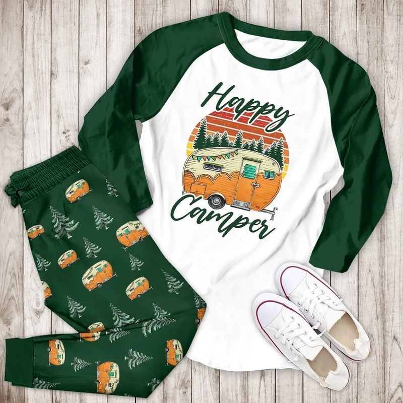 Happy Camper Bbg Pajama Set |Sleepwear Pjs Sets | Raglan Shirt Pants Set