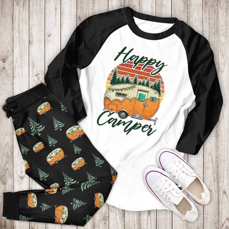 Happy Camper Bbg Pajama Set |Sleepwear Pjs Sets | Raglan Shirt Pants Set
