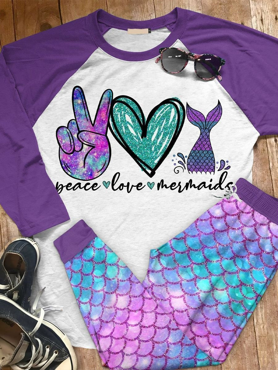 Mermaid Peace Love Mermaid Abh Pajama Set |Sleepwear Pjs Sets | Raglan Shirt Pants Set