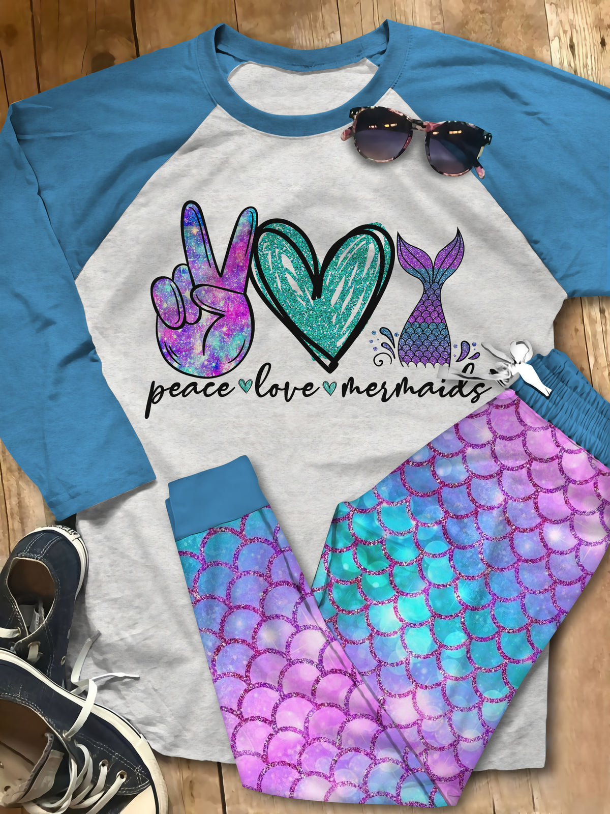 Mermaid Peace Love Mermaid Abh Pajama Set |Sleepwear Pjs Sets | Raglan Shirt Pants Set