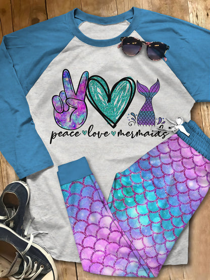Mermaid Peace Love Mermaid Abh Pajama Set |Sleepwear Pjs Sets | Raglan Shirt Pants Set