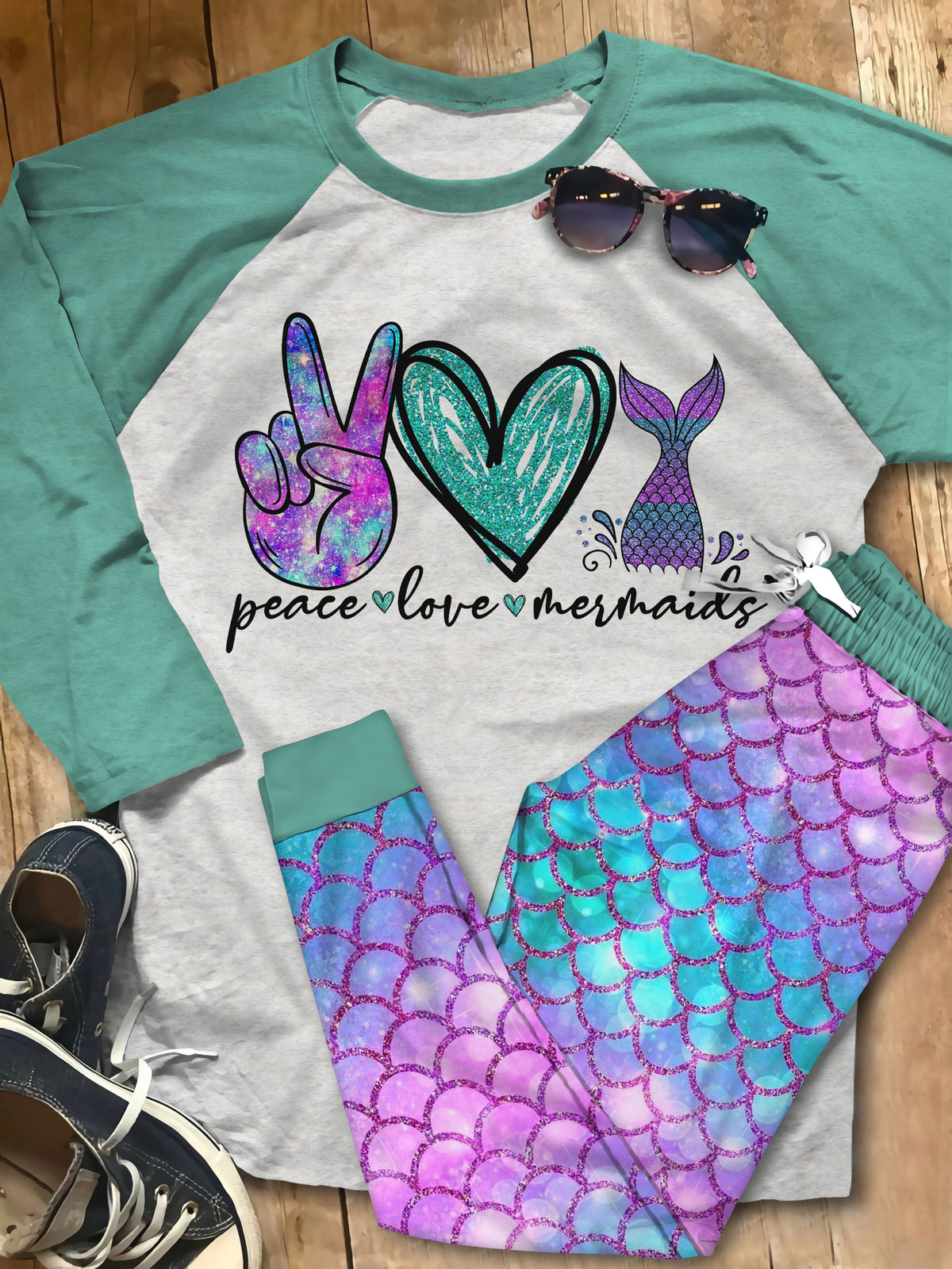 Mermaid Peace Love Mermaid Abh Pajama Set |Sleepwear Pjs Sets | Raglan Shirt Pants Set