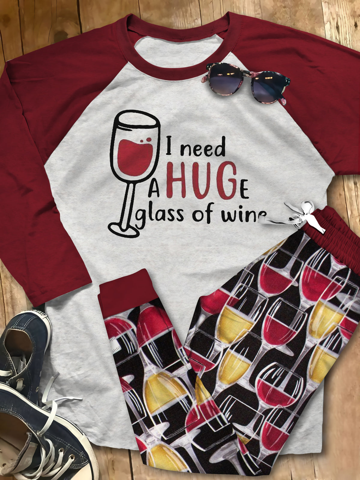 Wine A Hug Of Wine Red Good Mmi Pajama Set |Sleepwear Pjs Sets | Raglan Shirt Pants Set