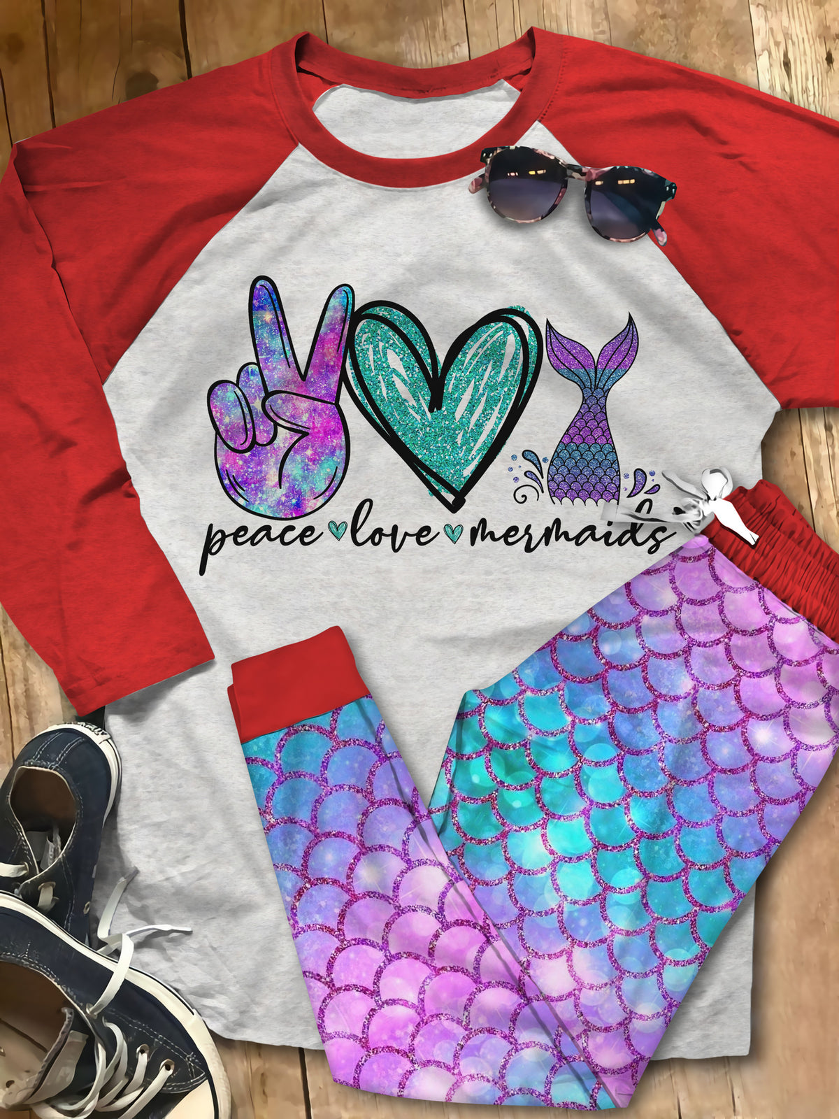 Mermaid Peace Love Mermaid Abh Pajama Set |Sleepwear Pjs Sets | Raglan Shirt Pants Set