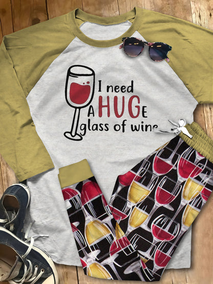 Wine A Hug Of Wine Red Good Mmi Pajama Set |Sleepwear Pjs Sets | Raglan Shirt Pants Set
