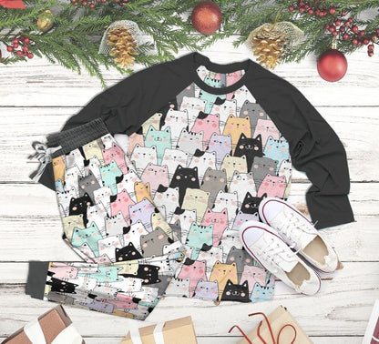 Cat Cute Gk Pajama Set |Sleepwear Pjs Sets | Raglan Shirt Pants Set