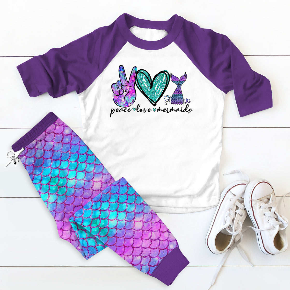 Mermaid Peace Love Mermaid Abh Pajama Set |Sleepwear Pjs Sets | Raglan Shirt Pants Set