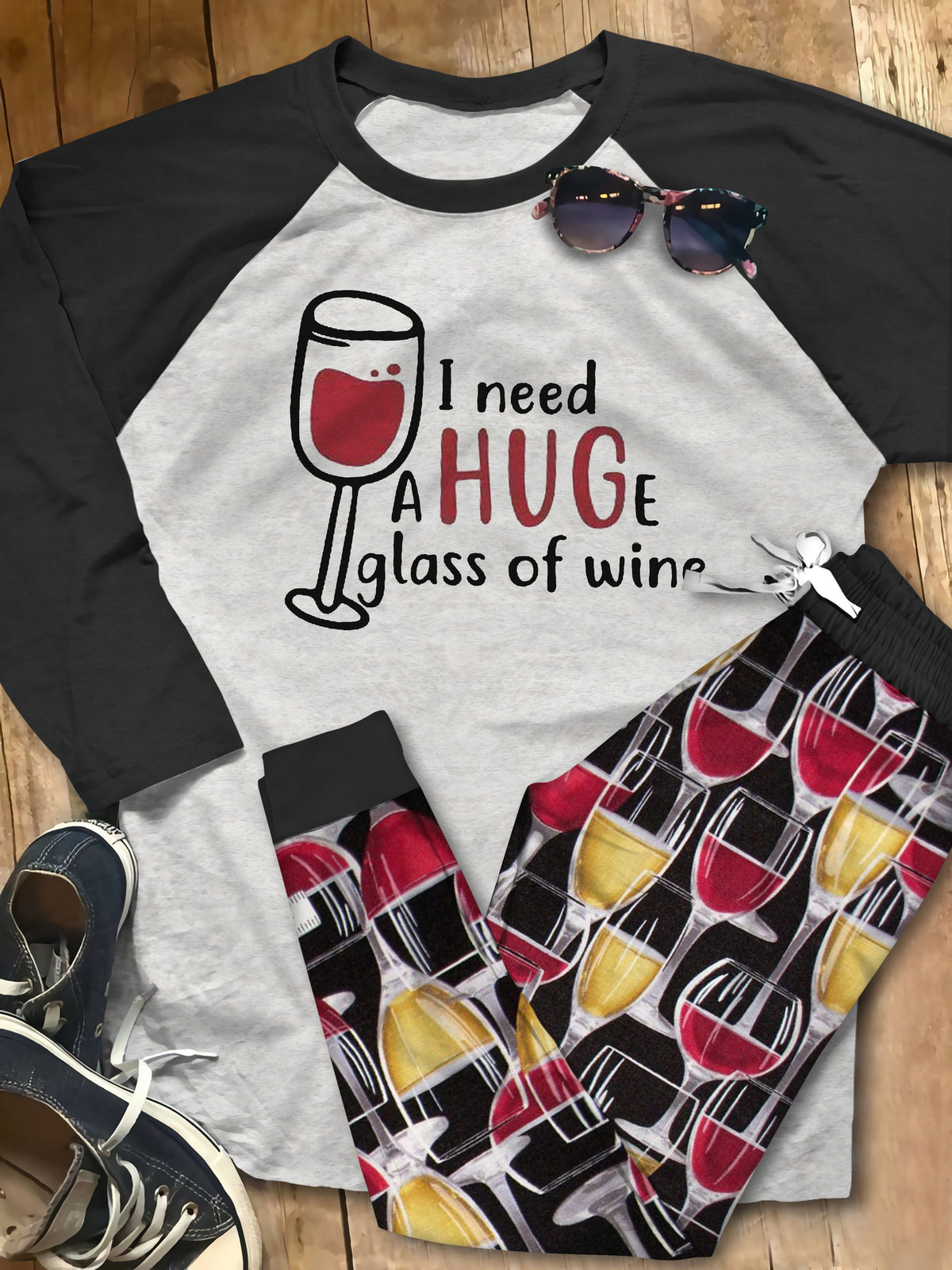 Wine A Hug Of Wine Red Good Mmi Pajama Set |Sleepwear Pjs Sets | Raglan Shirt Pants Set