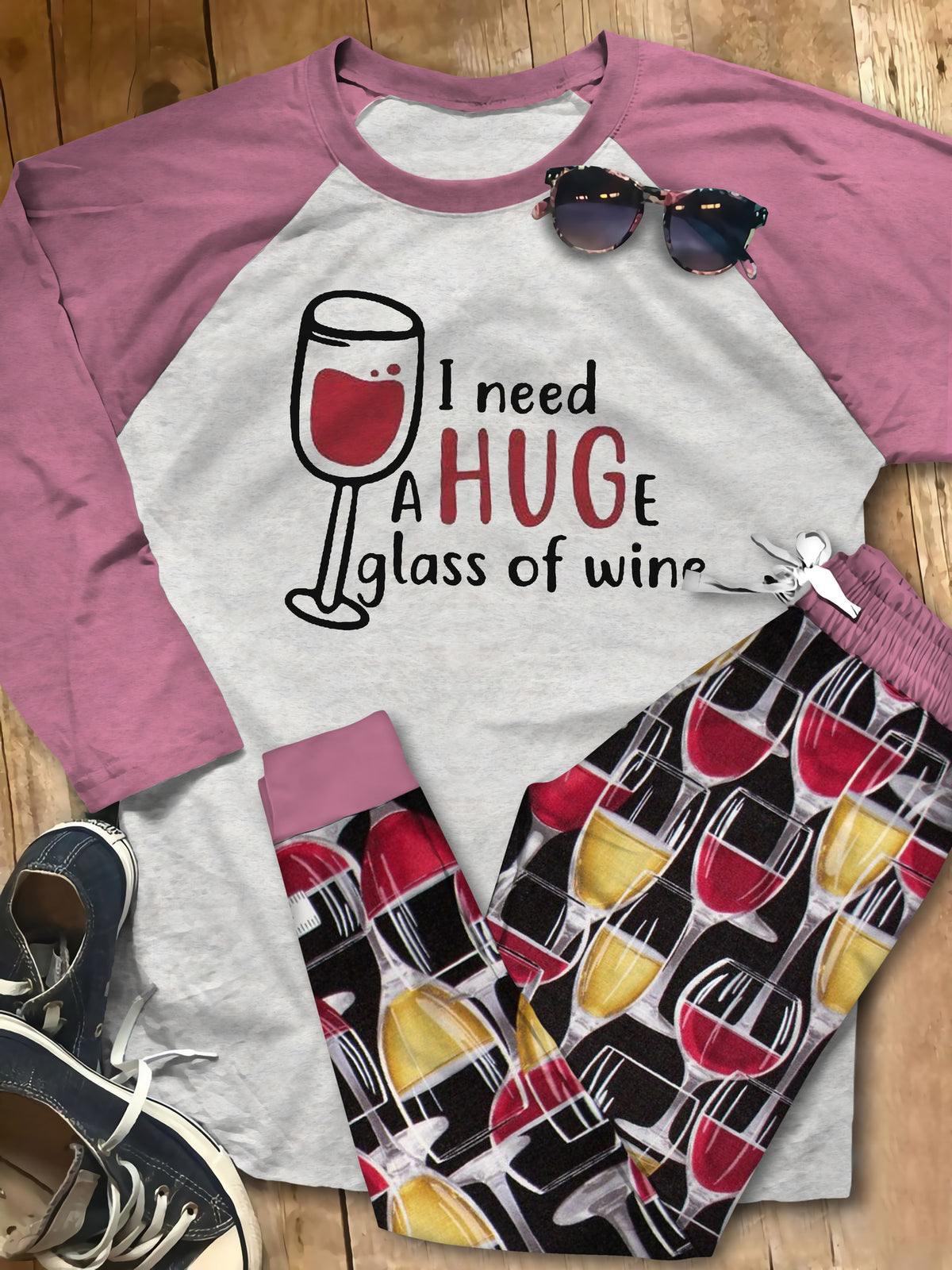 Wine A Hug Of Wine Red Good Mmi Pajama Set |Sleepwear Pjs Sets | Raglan Shirt Pants Set