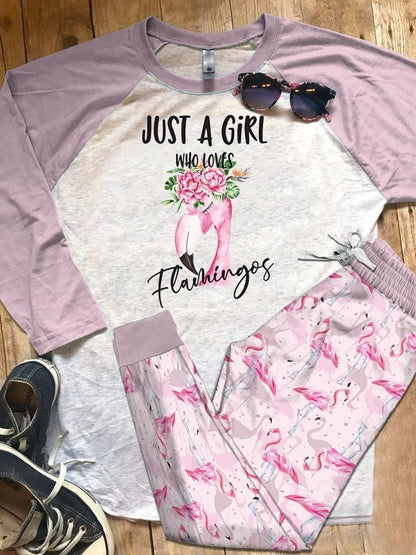 Flamingo A Girl Pajama Set |Sleepwear Pjs Sets | Raglan Shirt Pants Set