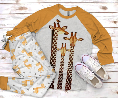 Giraffe You So High Pajama Set |Sleepwear Pjs Sets | Raglan Shirt Pants Set
