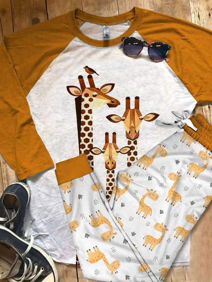 Giraffe You So High Pajama Set |Sleepwear Pjs Sets | Raglan Shirt Pants Set