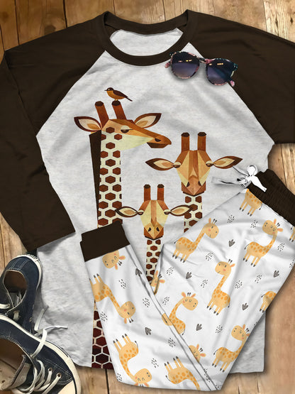 Giraffe You So High Pajama Set |Sleepwear Pjs Sets | Raglan Shirt Pants Set