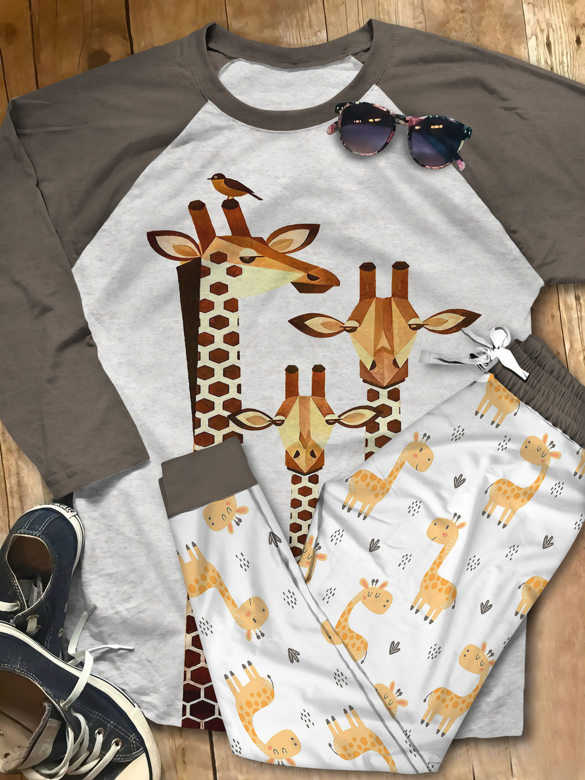 Giraffe You So High Pajama Set |Sleepwear Pjs Sets | Raglan Shirt Pants Set
