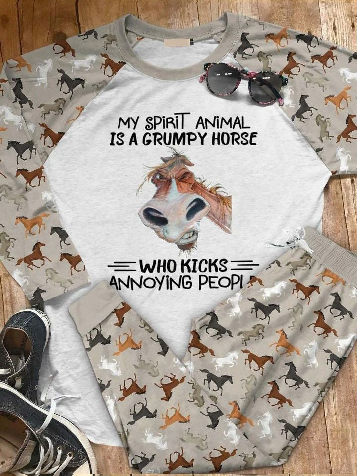 Horse My Spirit Animal Abd Pajama Set |Sleepwear Pjs Sets | Raglan Shirt Pants Set