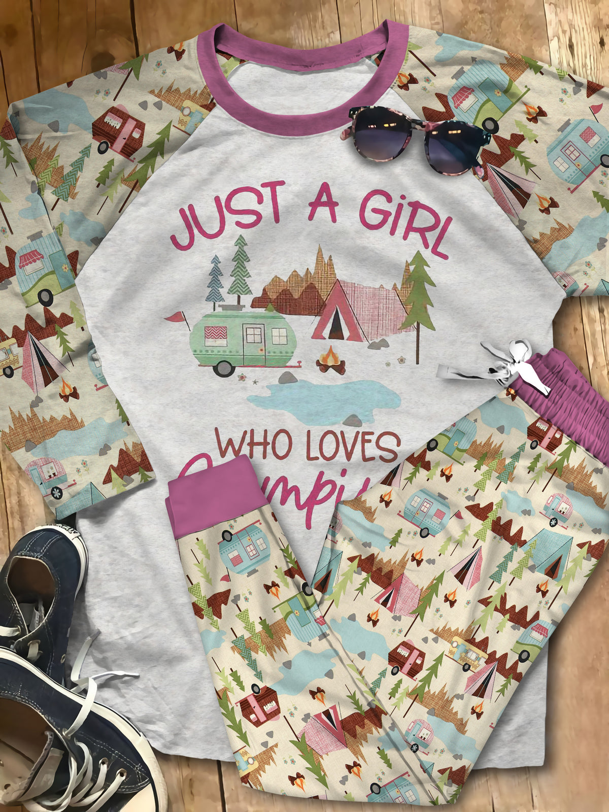 A Girl Who Love Camping Aaa Pajama Set |Sleepwear Pjs Sets | Raglan Shirt Pants Set