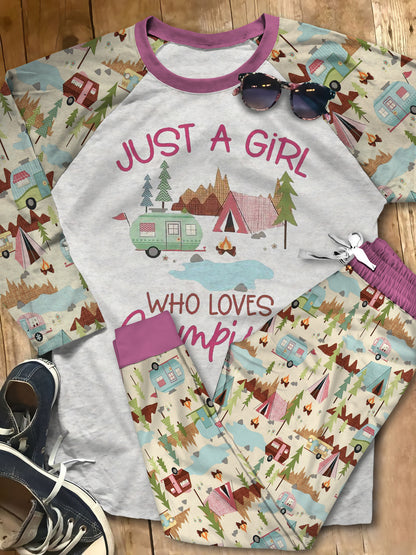 A Girl Who Love Camping Aaa Pajama Set |Sleepwear Pjs Sets | Raglan Shirt Pants Set