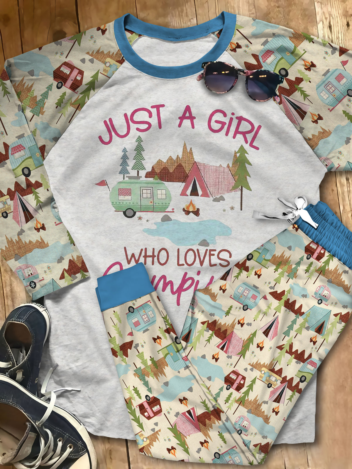 A Girl Who Love Camping Aaa Pajama Set |Sleepwear Pjs Sets | Raglan Shirt Pants Set