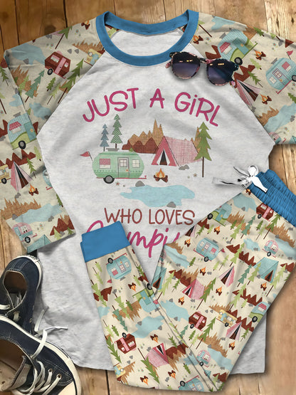 A Girl Who Love Camping Aaa Pajama Set |Sleepwear Pjs Sets | Raglan Shirt Pants Set