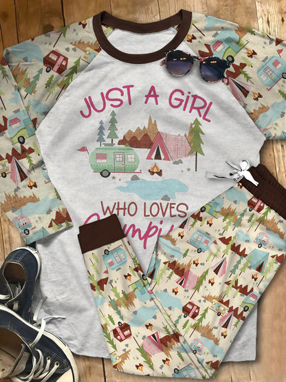 A Girl Who Love Camping Aaa Pajama Set |Sleepwear Pjs Sets | Raglan Shirt Pants Set