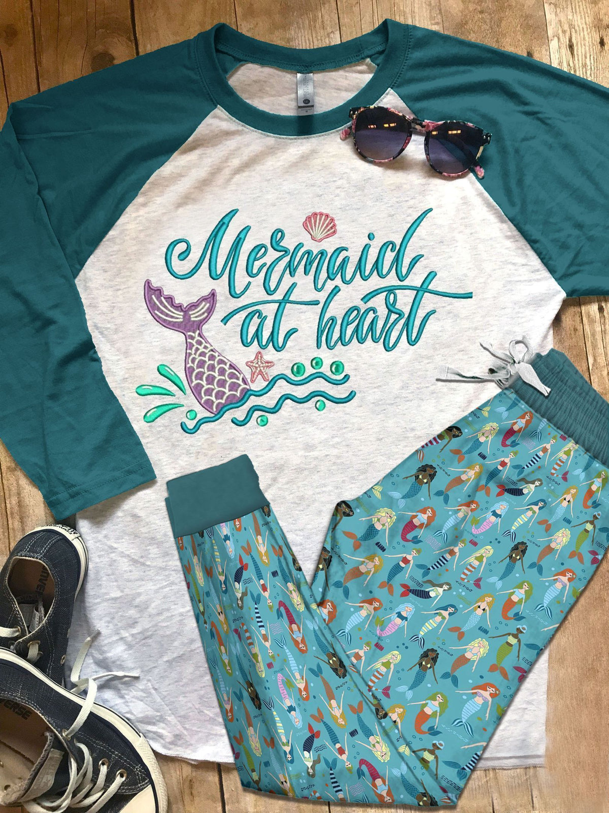 Mermaid At Heart Pajama Set |Sleepwear Pjs Sets | Raglan Shirt Pants Set