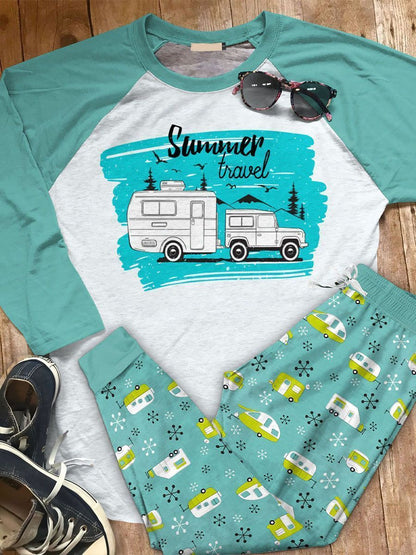 Camping Summer Travel Aaq Pajama Set |Sleepwear Pjs Sets | Raglan Shirt Pants Set