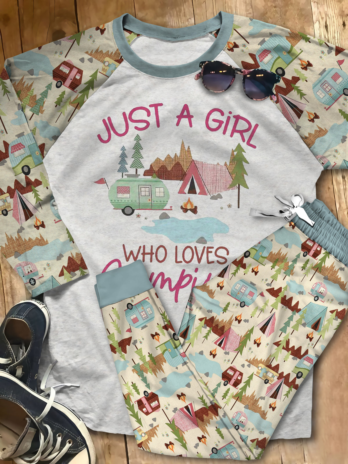 A Girl Who Love Camping Aaa Pajama Set |Sleepwear Pjs Sets | Raglan Shirt Pants Set